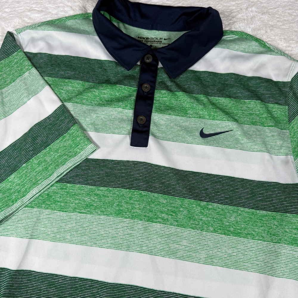 Nike Tour Performance Mens L Green Striped s/s Button up Polo 452515-317